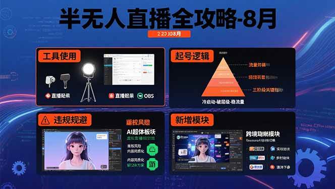（15669期）半无人直播全攻略-8月：工具使用+起号逻辑+违规规避,新增AI超体与跨境模块插图